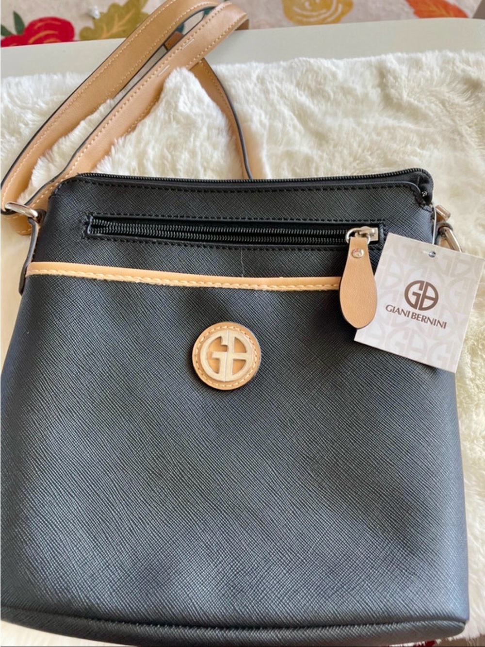 Giani Bernini Black and Tan Saffiano Crossbody Shoulder Bag